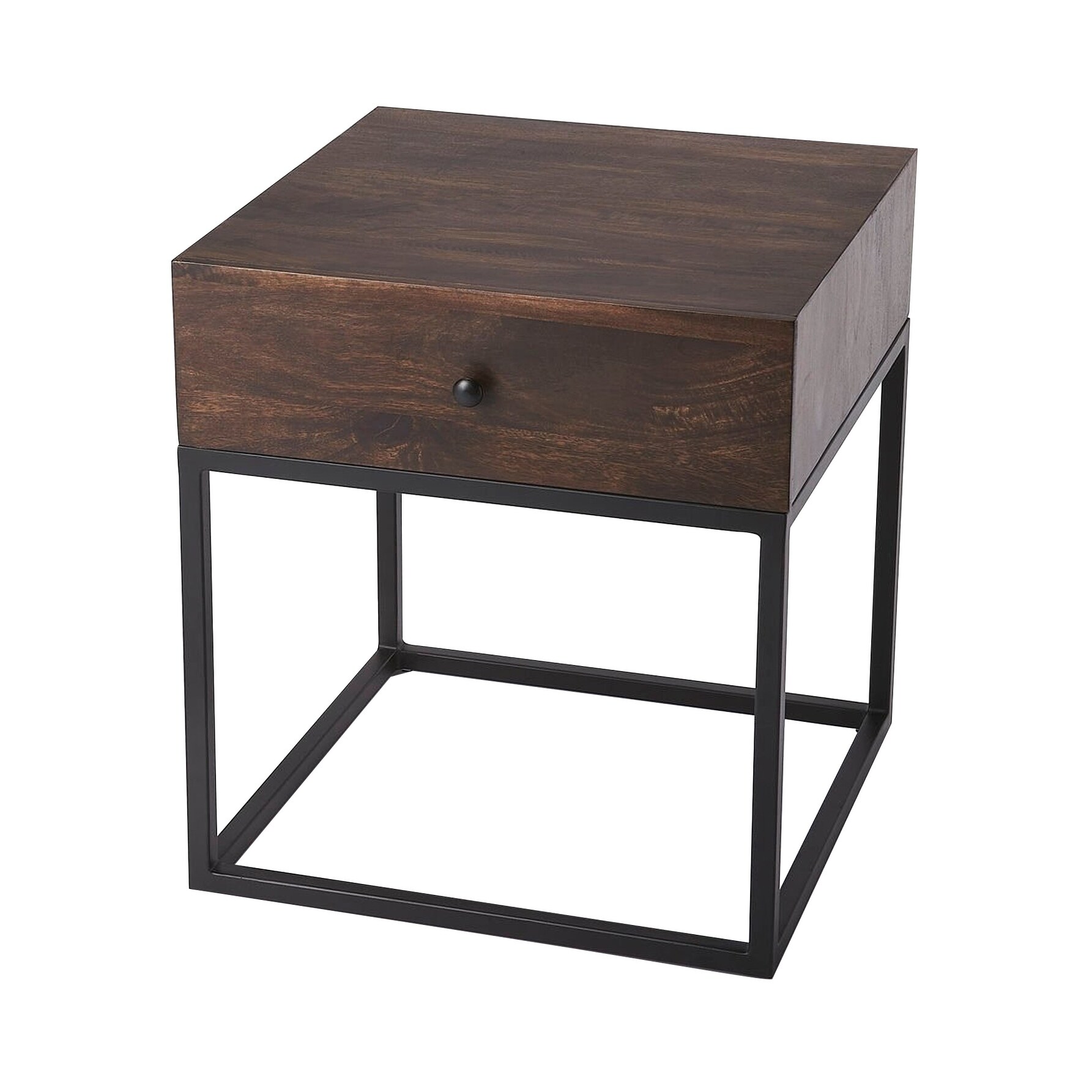 Offex Brixton Wood and Iron End Table with Storage Drawer - Dark Brown - 19.5