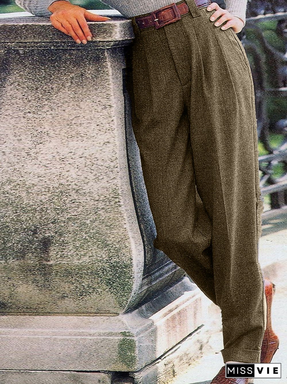 Gray Plain Vintage Tweed Pants