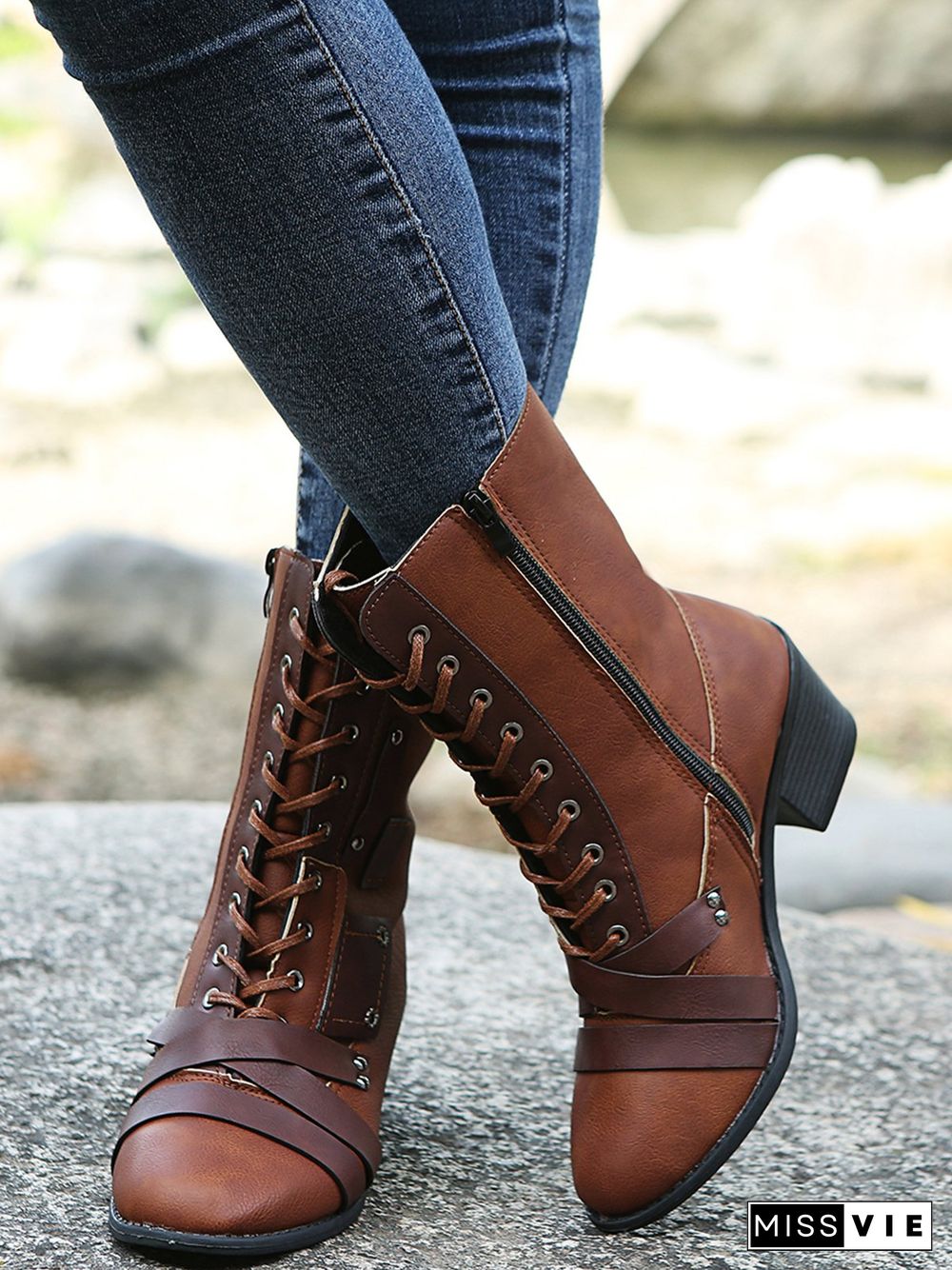 Women's Retro Comfy Chunky-heel Lace-up Riding Riding Boots