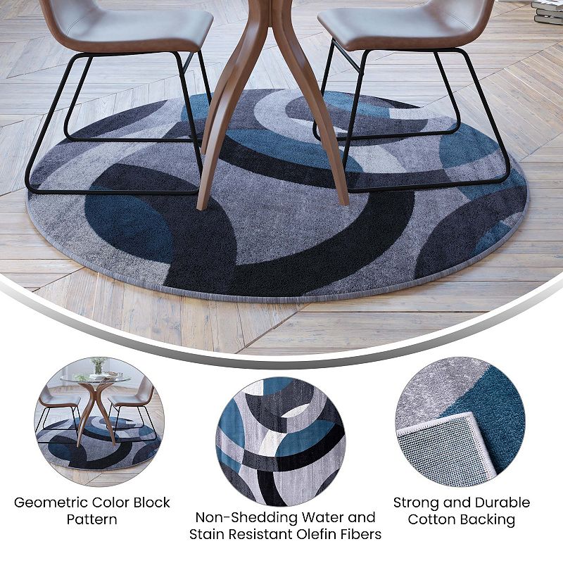 Masada Rugs Masada Rugs， Thatcher Collection Accent Rug with Interlocking Circle Pattern in Blue/Grey with Olefin Facing and Natural Jute Backing - 5'x5' Round