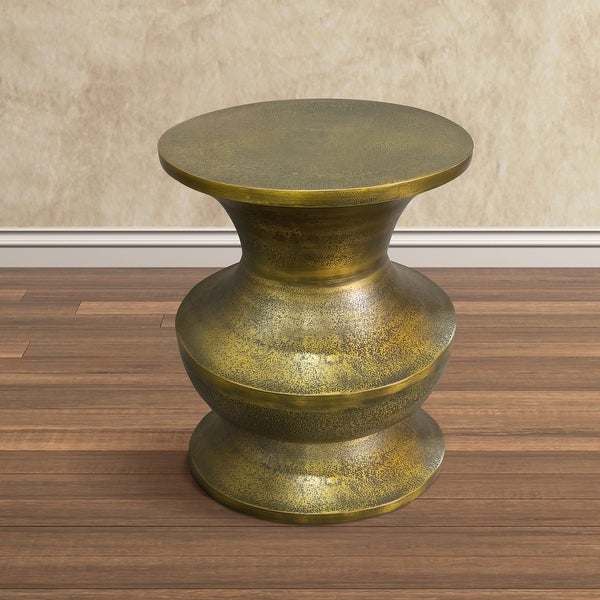 18 Inch Round Accent Side End Table， Turned Pedestal Base， Aluminum， Antique Gold Brass