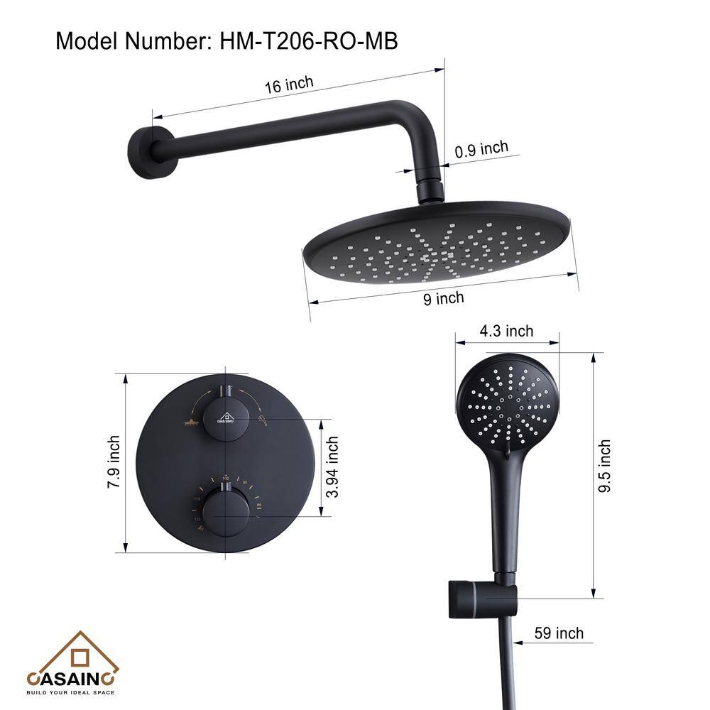 CASAINC 3-Spray Patterns 9 in. Wall Mount Dual Shower Heads Matte Black (Thermostatic Valve Included) HM-T206-RO-MB