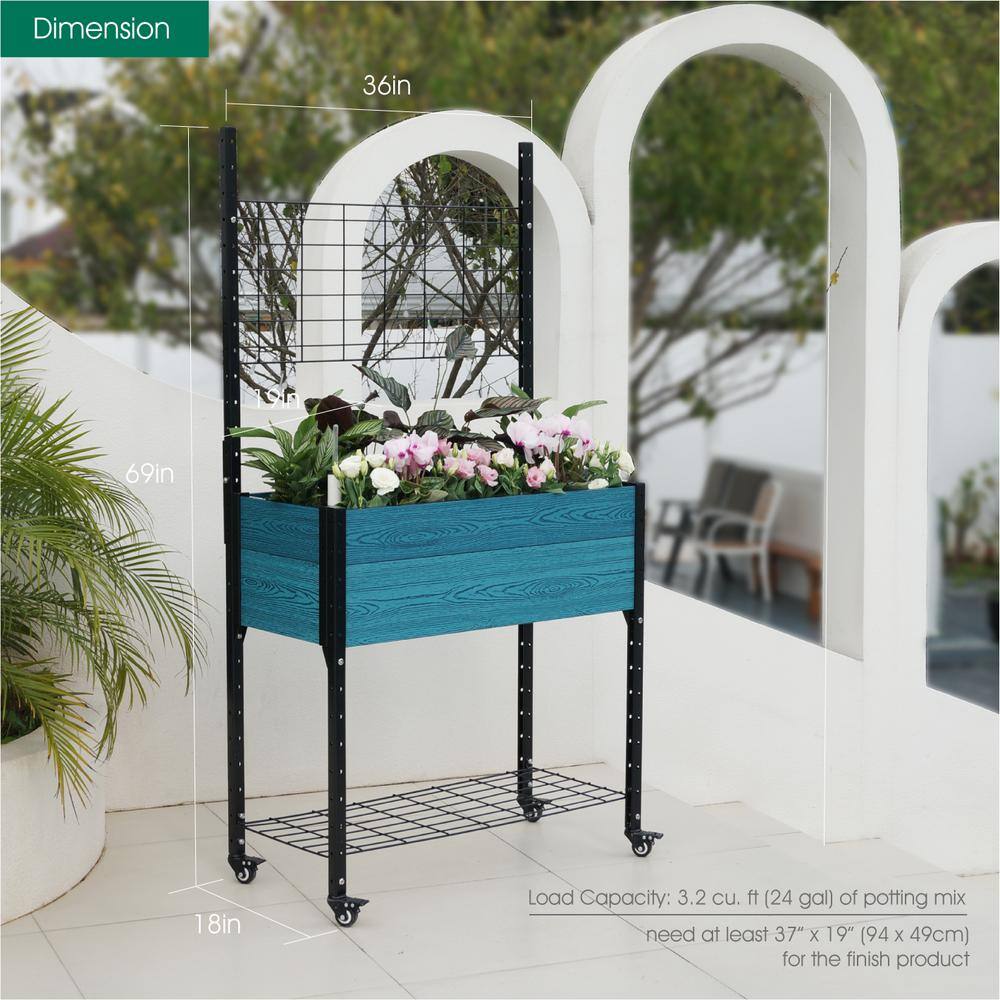 EverBloom Self-Watering 18 in. D x 69 in. H x 36 in. W Blue Composite and Steel Mobile Elevated Planter with Trellis K2301