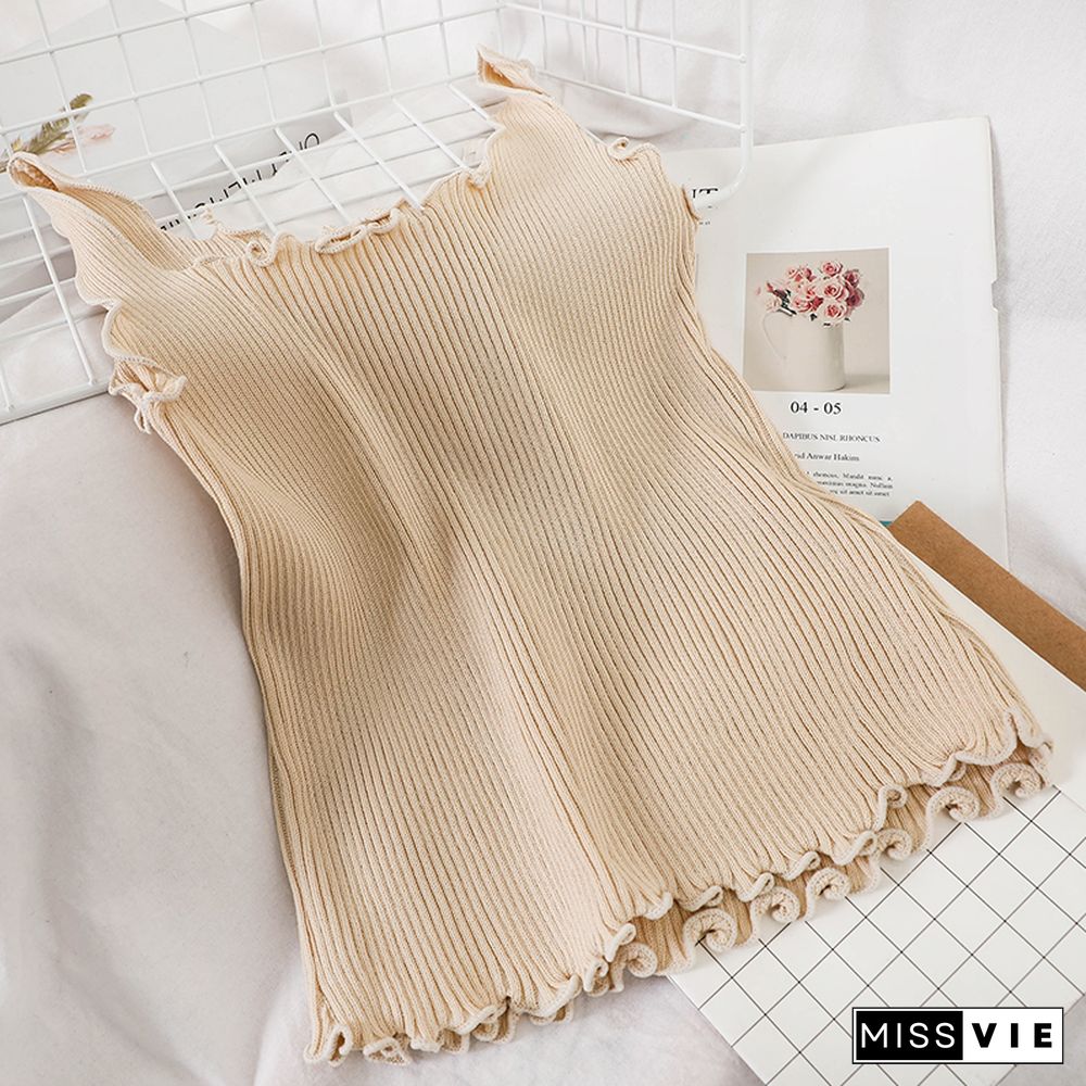 Pearl Diary 7 Colors Rib Knit Tank Tops Lettuce Edge Sexy Sleeveless Tops Summer Candy Color Sweet Tops For Women Beach Hot Top