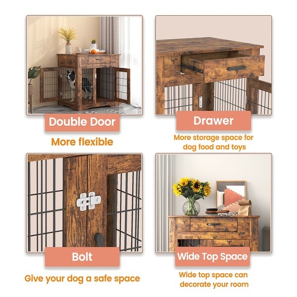 Mieres Double Door Wooden End Table Dog Crate with Double Doors， Indoor Pet Kennel Side Table with Storage Drawer