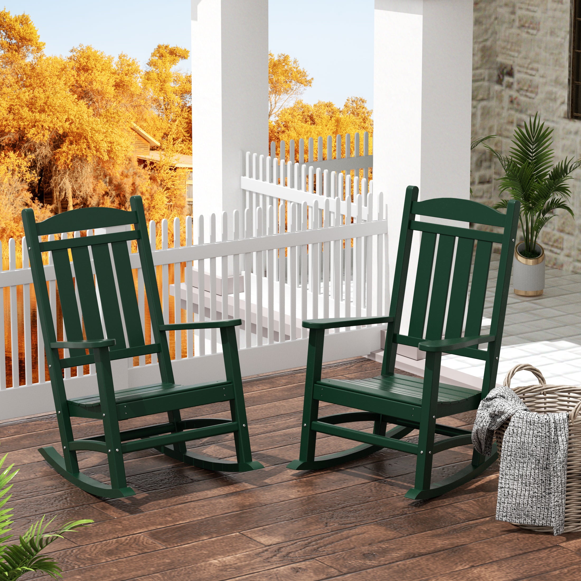 WestinTrends Malibu Outdoor Rocking Chair Set of 2, All Weather Poly Lumber Adirondack Rocker Chair with High Back, 350 Lbs Support Patio Rocking Chair for Porch Deck Garden Lawn, Dark Green