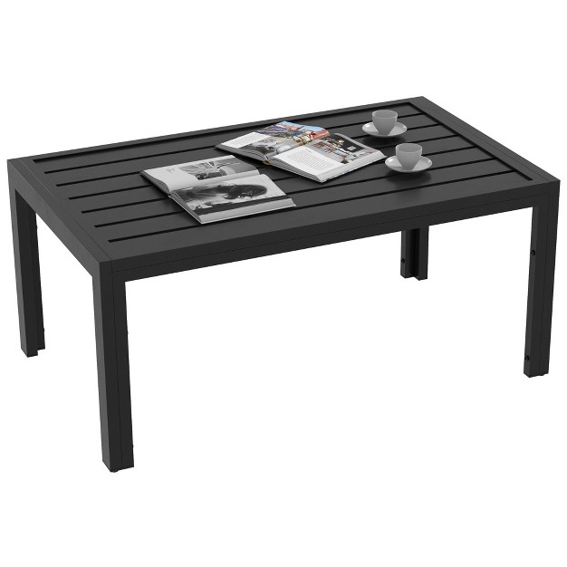 Outsunny Patio Coffee Table Rectangle Outdoor Side Table With Steel Frame And Slat Tabletop For Garden Balcony Backyard Porch Black