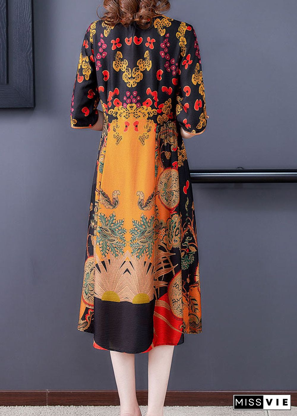 Women Yellow O-Neck Print Silk Women's Dress Half Sleeve