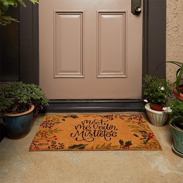 Okuna Outpost Non slip Coco Coir Christmas Doormat For Outdoor Entrance Meet Me Under The Mistletoe 17 X 30 In