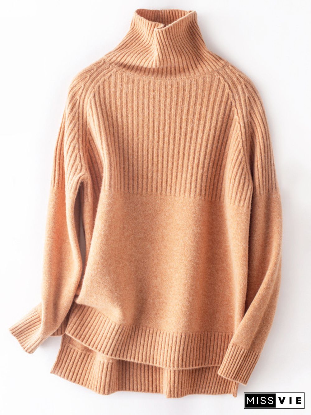 Casual Long Sleeves Loose Solid Color High-Neck Sweater Tops