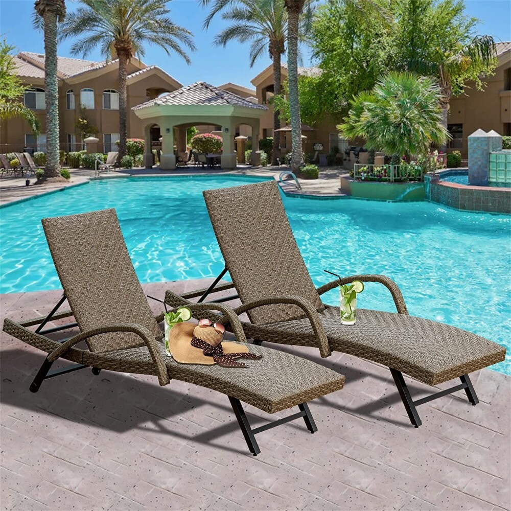 2-Piece Outdoor Wicker Chaise Lounge with Armrest Adjustable Backrest