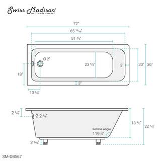 Swiss Madison Voltaire 72 in. x 36 in. Acrylic Reversible Drain Rectangular Drop-In Bathtub in White SM-DB567