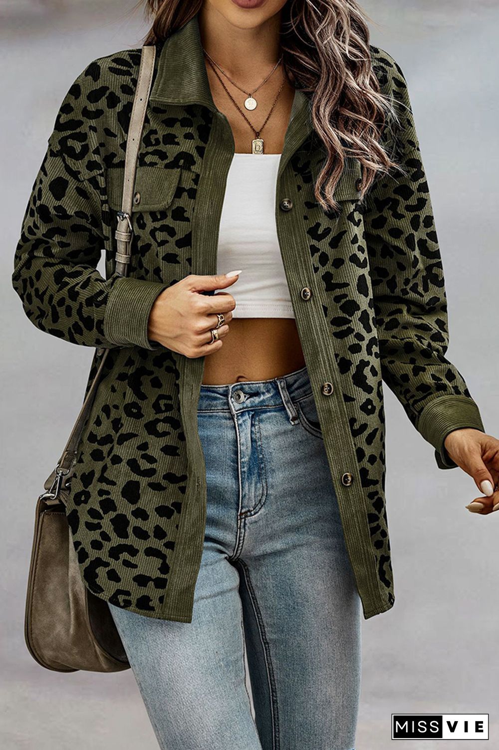 Leopard Print Corduroy Pockets Open Buttoned Jacket