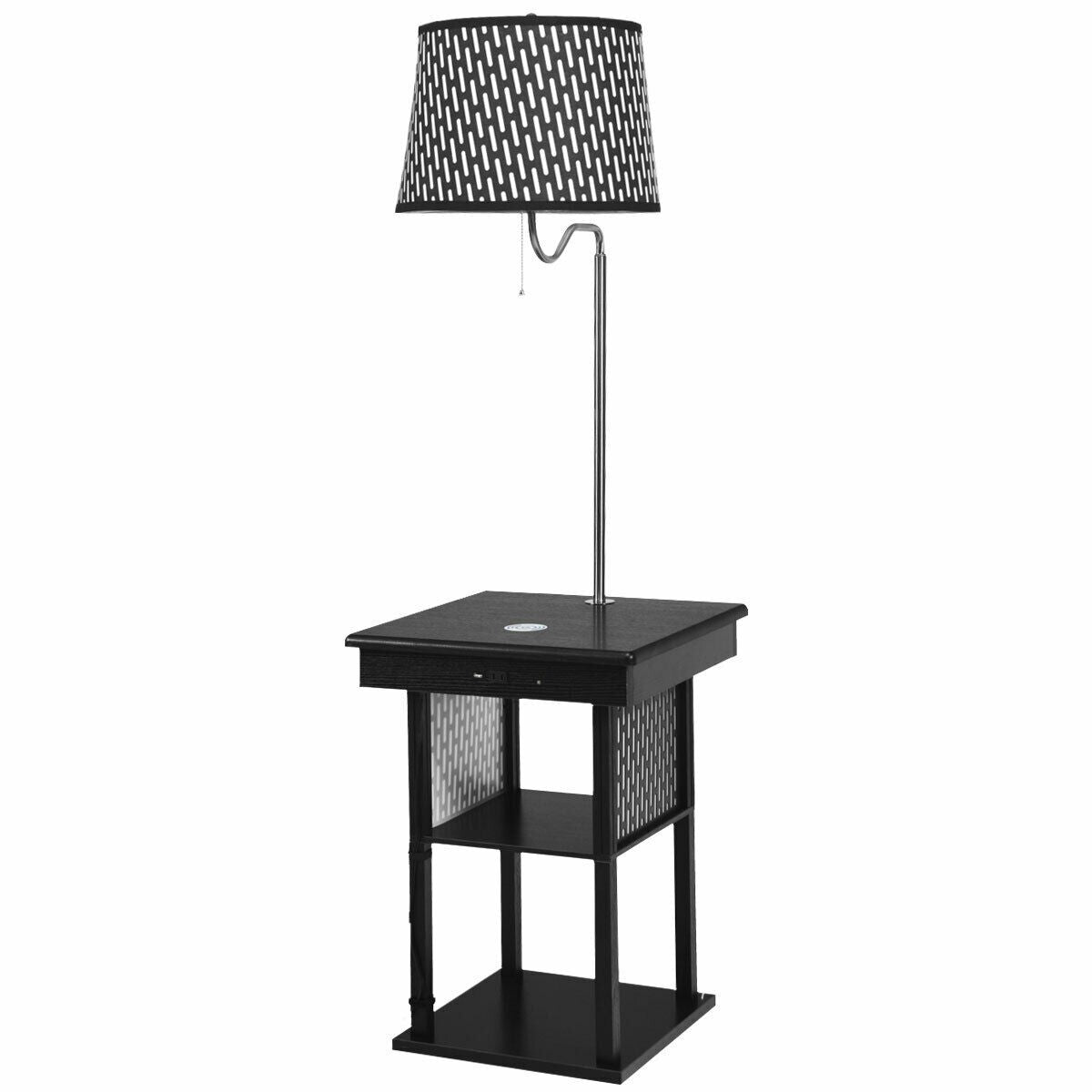 Floor Lamp, Swing Arm Lamp w/Shade Built in End Table Includes 2 USB Ports (Black Shade)