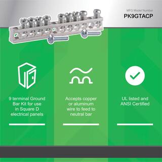 Square D 9 Terminal Ground Bar Kit for QOHomeline Electrical PanelLoad Center PK9GTACP