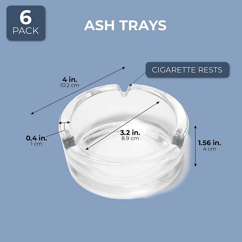 6 Pack Bulk Clear Glass Ashtrays for Cigarettes and Cigars， Outdoor and Indoor Use (4 x 1.5 In)