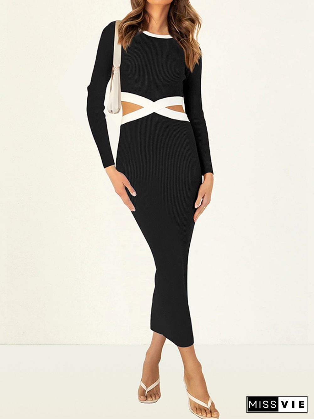 High Waisted Long Sleeves Hollow Round-Neck Midi Dresses