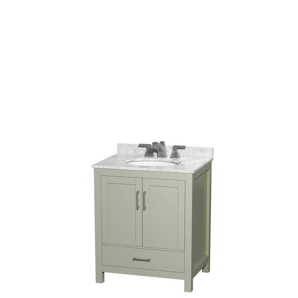 Wyndham Collection Sheffield 30 in. W x 22 in. D x 35.25 in . H Single Bath Vanity in Light Green with White Carrara Marble Top WCS141430SLGCMUNOMXX