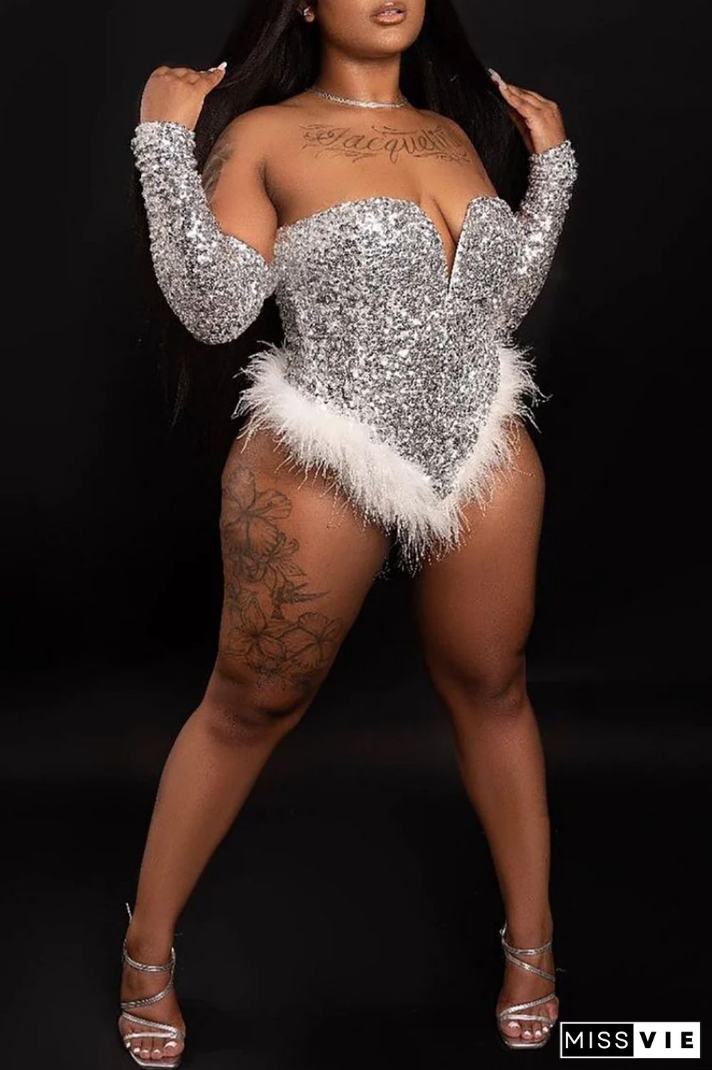 Plus Size Silver Sexy Patchwork Sequins Feathers Backless Off the Shoulder Romper