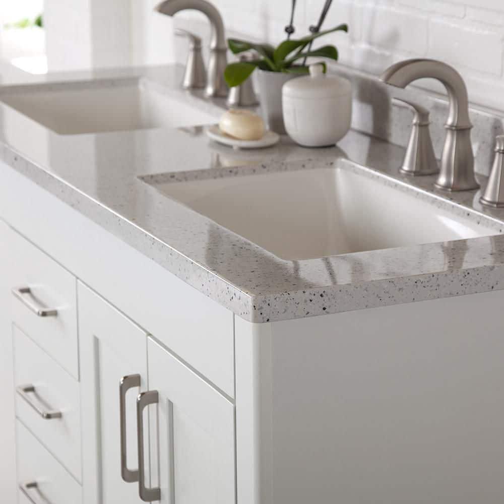 Home Decorators Collection 61 in W x 22 in D Solid Surface Technology Double Sink Vanity Top in Silver Ash with Integrated White Sinks