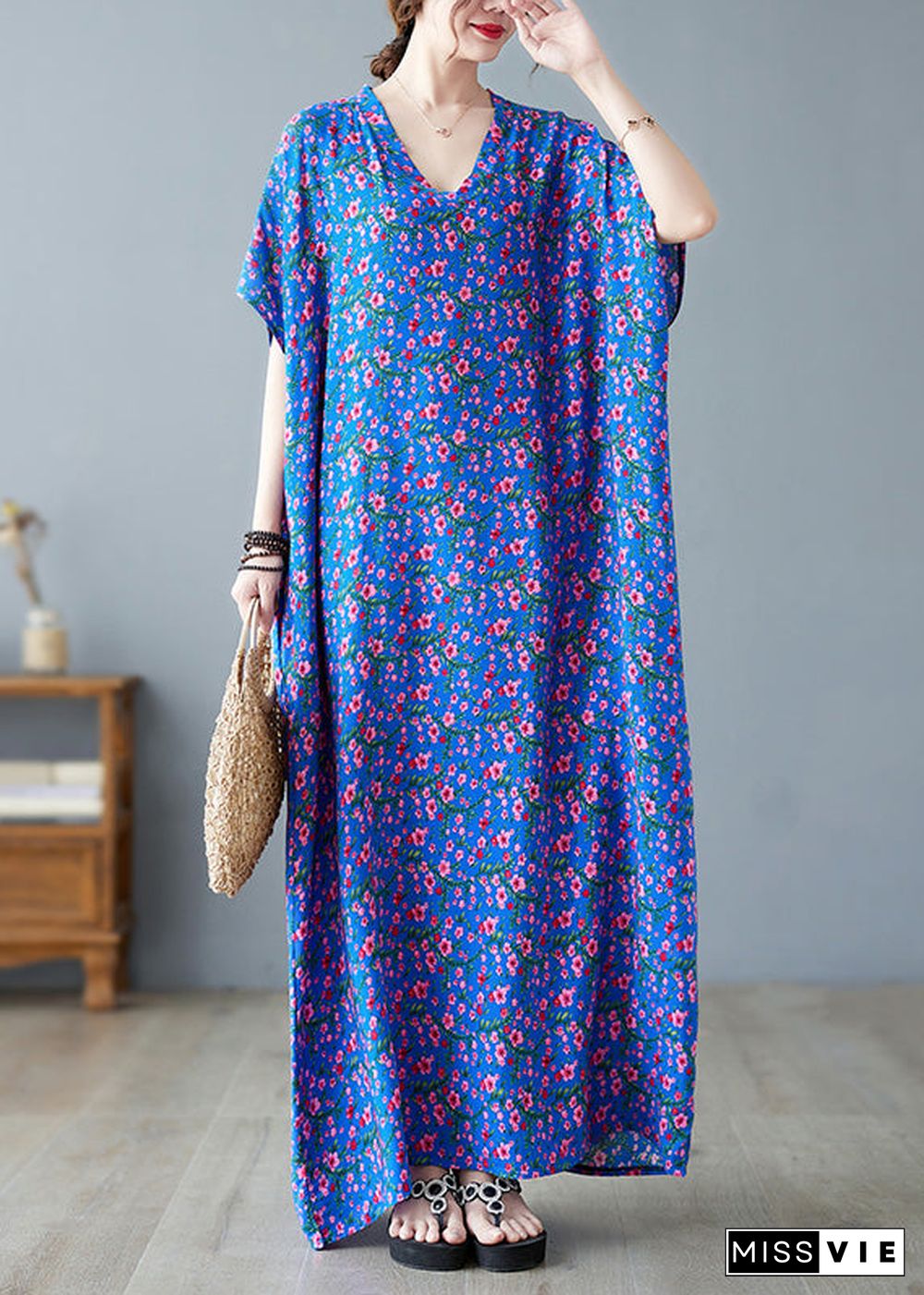 Loose Blue V Neck Print Long Dresses Short Sleeve