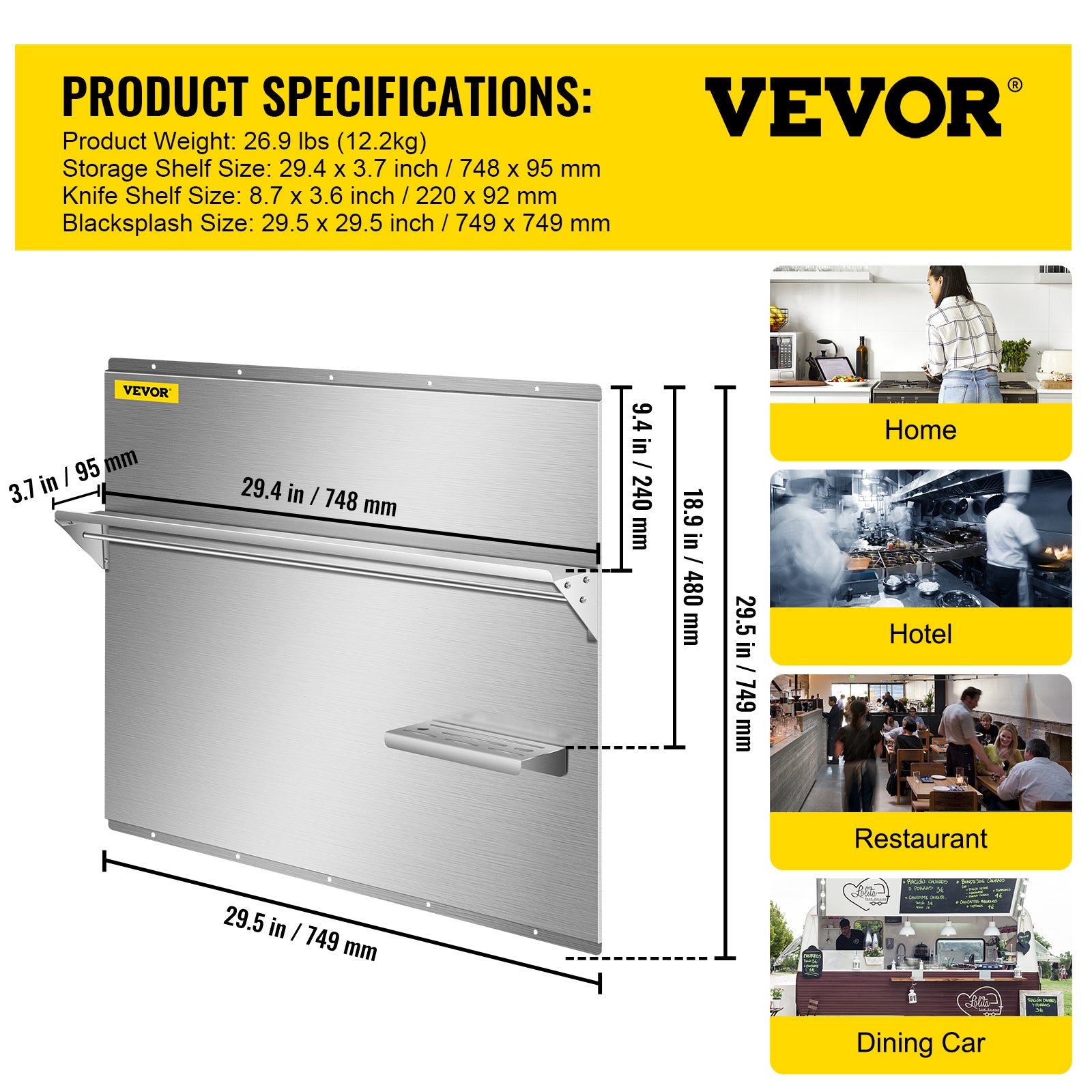 VEVOR Range Backsplash with Shelf 29.5X29.5 inch Range Hood Wall Shield, Stainless Steel Backsplash Silver Splash Plate for Range Hood Stainless Backsplash with Built-in Storage Shelf and Hanging Rack