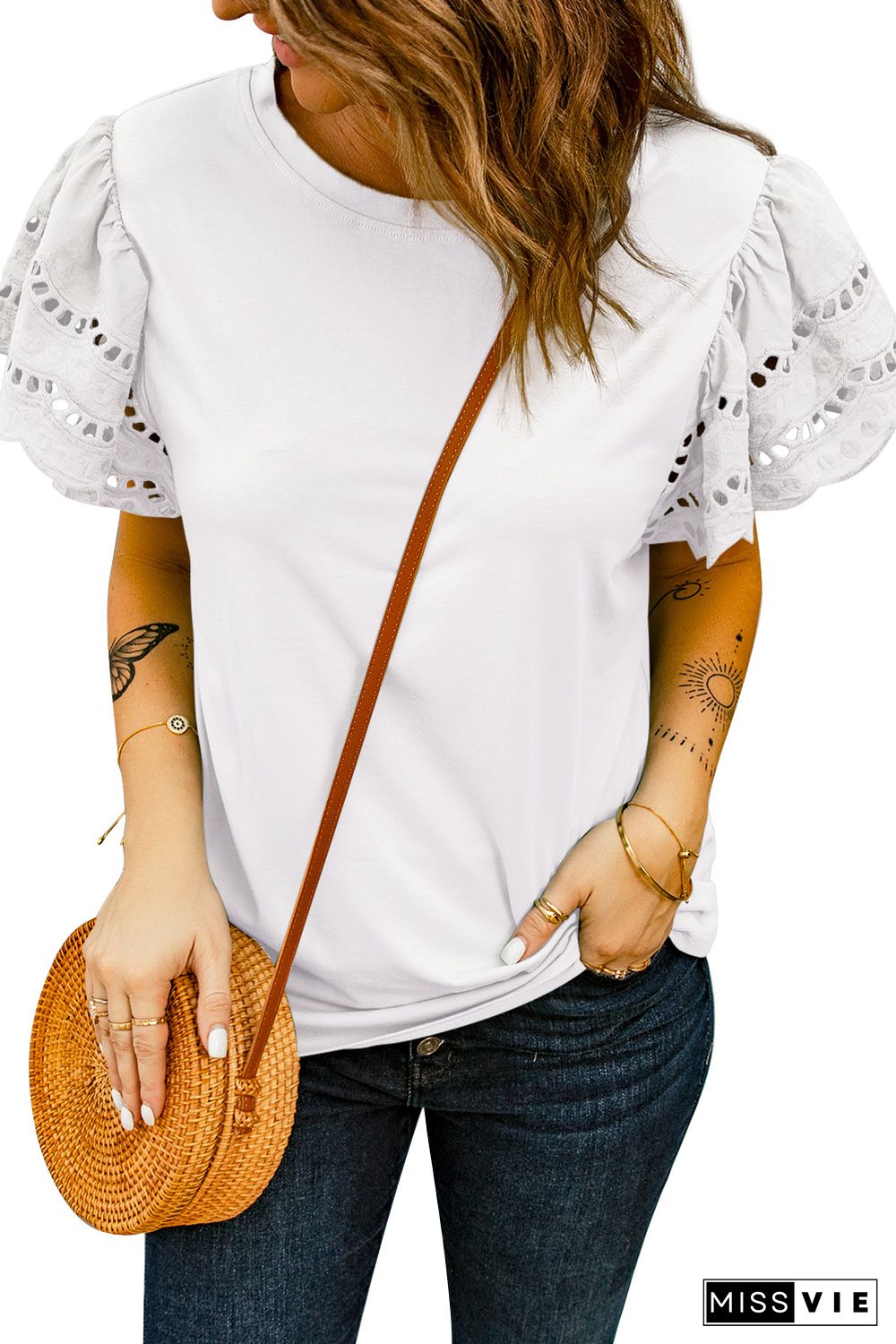 White Hollow Out Ruffle Sleeve T-shirt