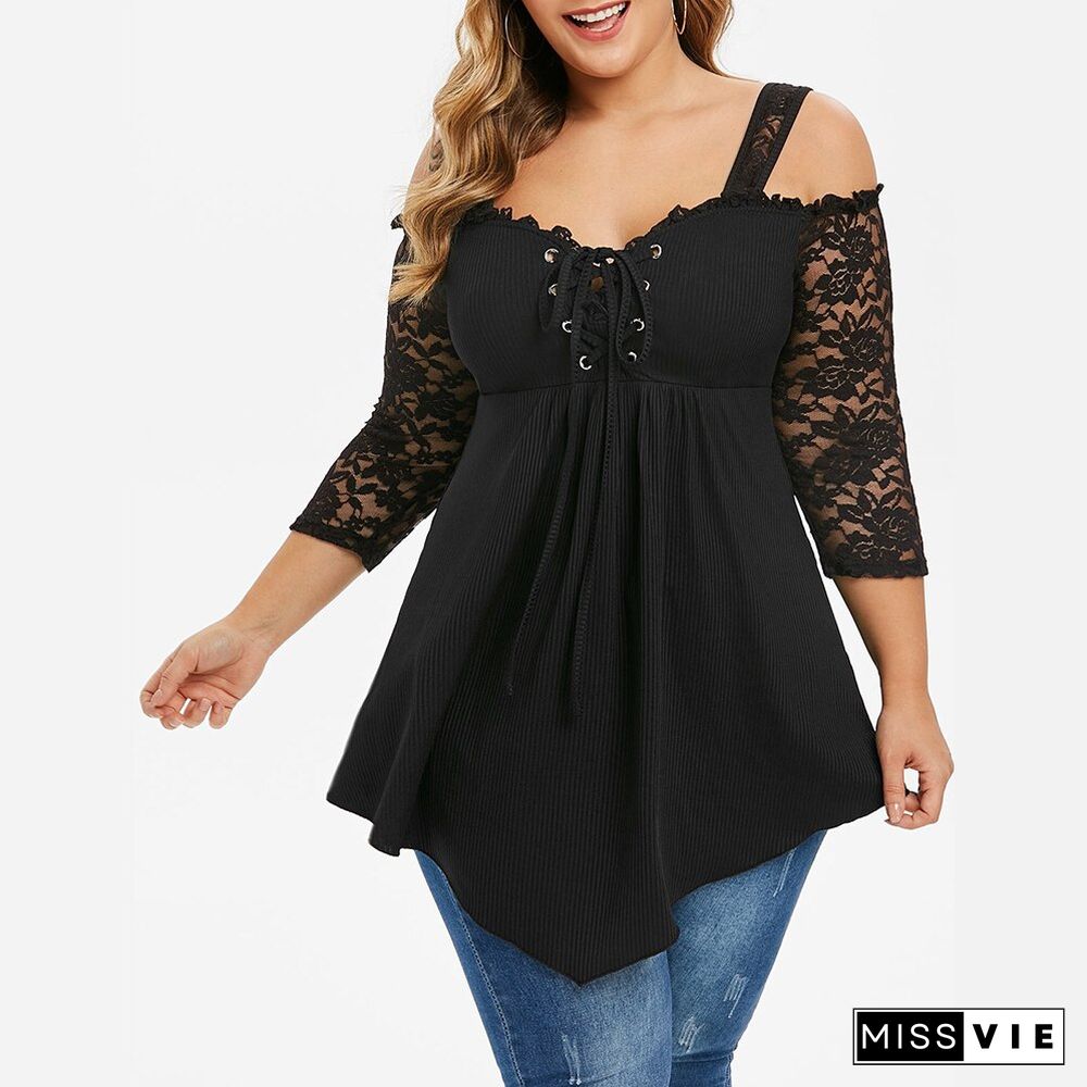 6XL Plus Size Spaghetti Strap Lace Women T-Shirt Summer Mesh Black Loose Lady knit Tshirt Tee Tops 3/4 Sleeve Female Blusas D30