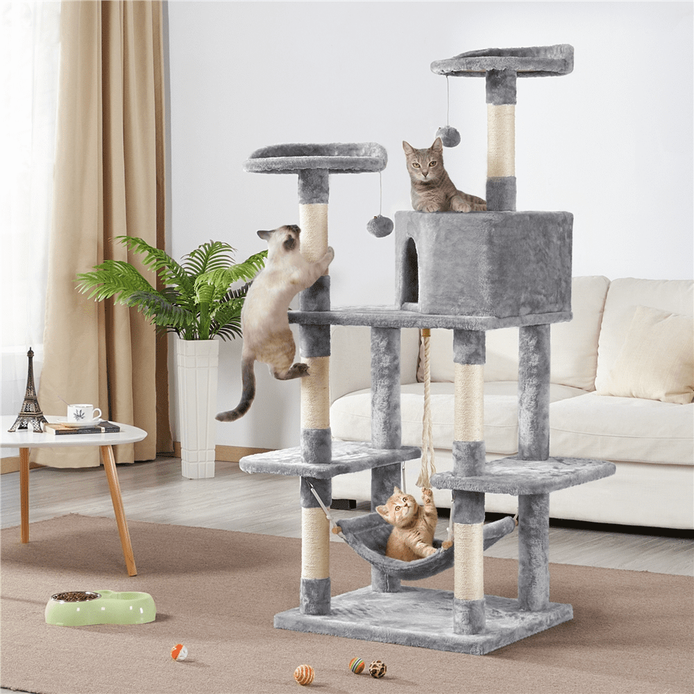 Topeakmart 59-in Cat Tree and Condo Scratching Post Tower， Light Gray