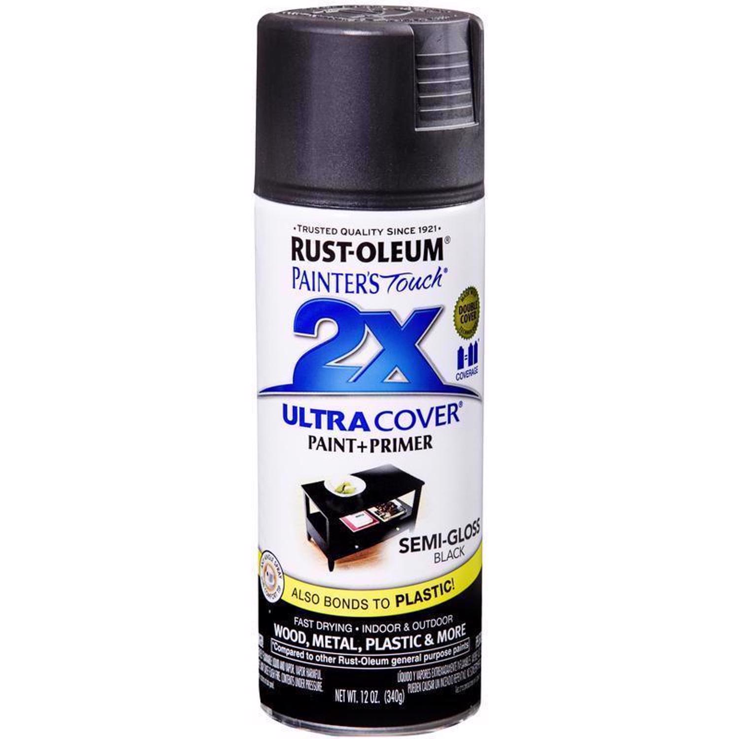 Rust-Oleum Painter\u0027s Touch 2X Ultra Cover Semi-Gloss Black Paint+Primer Spray Paint 12 oz