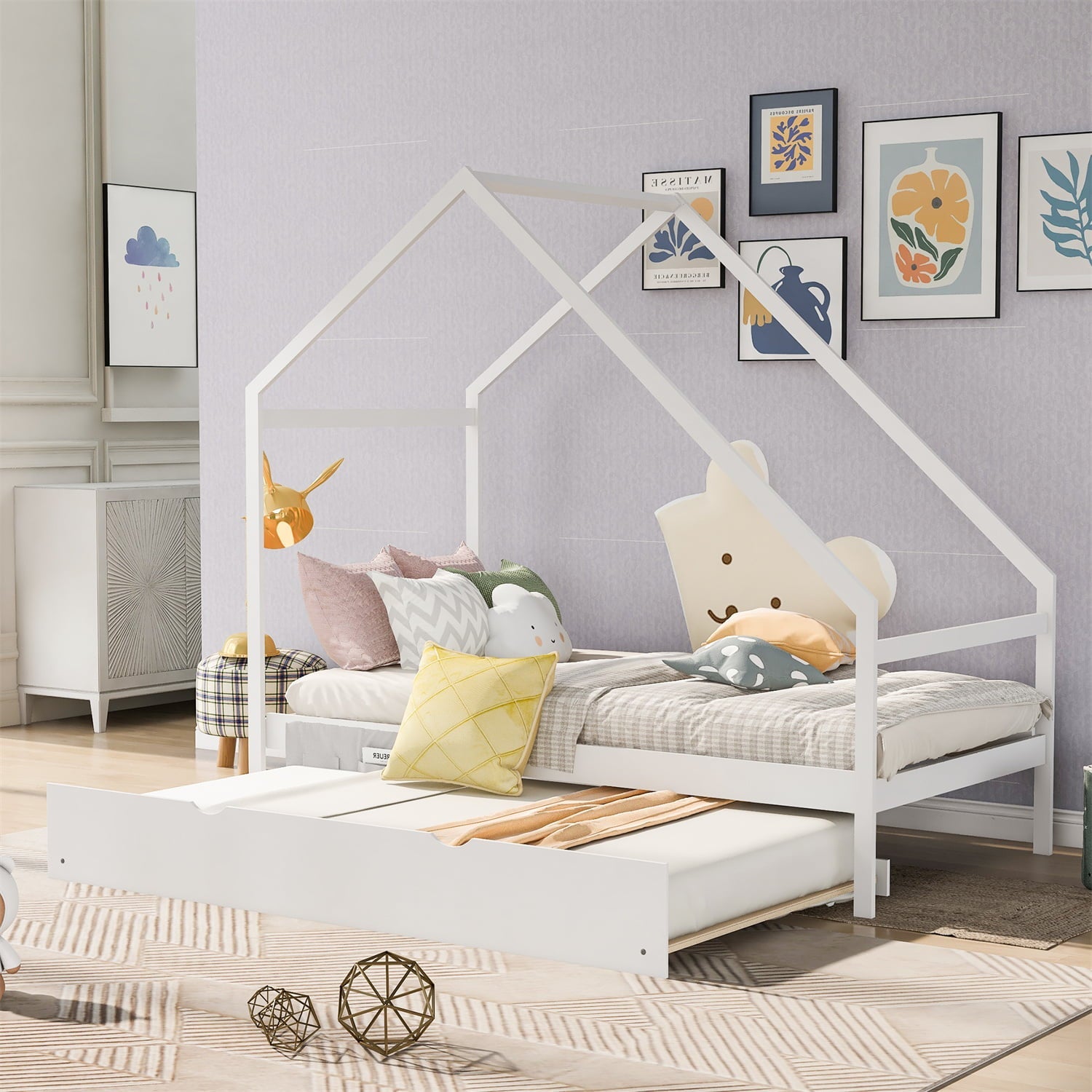 Twin House Bed with Twin Trundle, Wood Floor House Bed Frame for Kids, Boys and Girls, No Box Spring Required, White