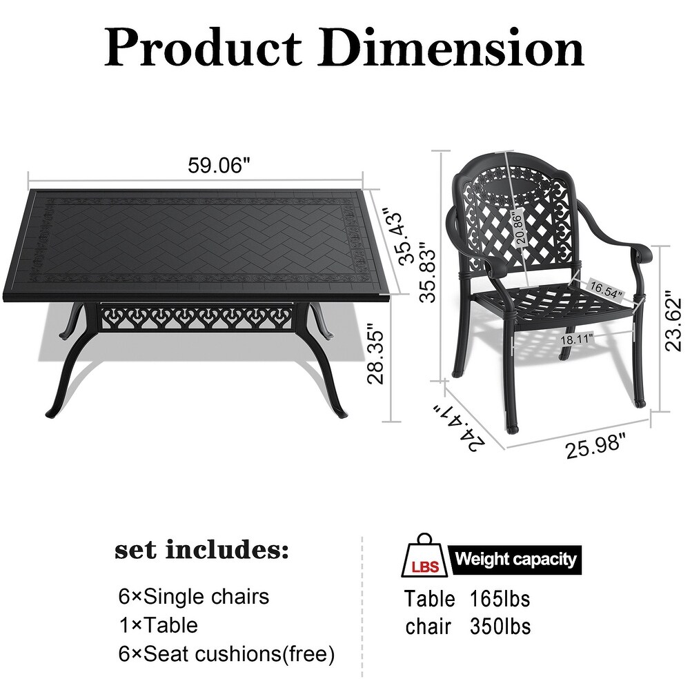 5/7 Piece Cast Aluminum Outdoor Dining Set with 59.06'' L X 35.43'' W Rectangular Table and Random Color Seat Cushions