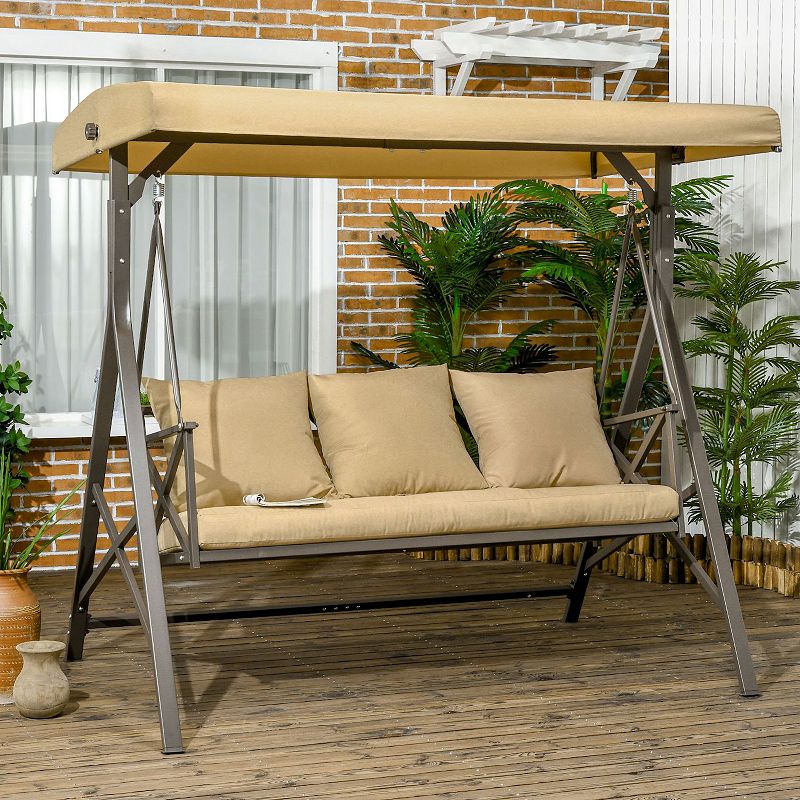 Outsunny 3-Seat Patio Swing Chair， Outdoor Canopy Swing Glider with Cushion， Khaki