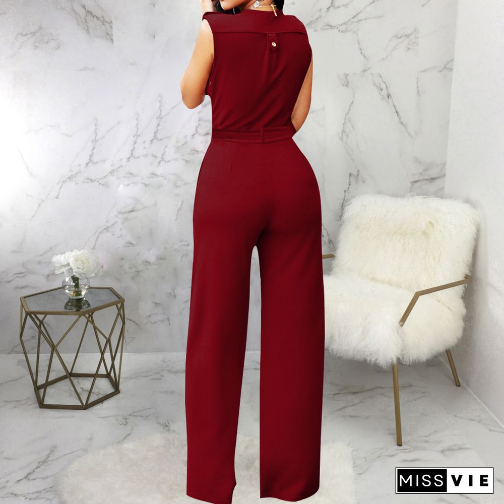 V Neck with Sashes Elegant Straight Leg Jumpsuits