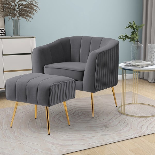 Modern Velvet Barrel Arm Accent Chair with Ottoman