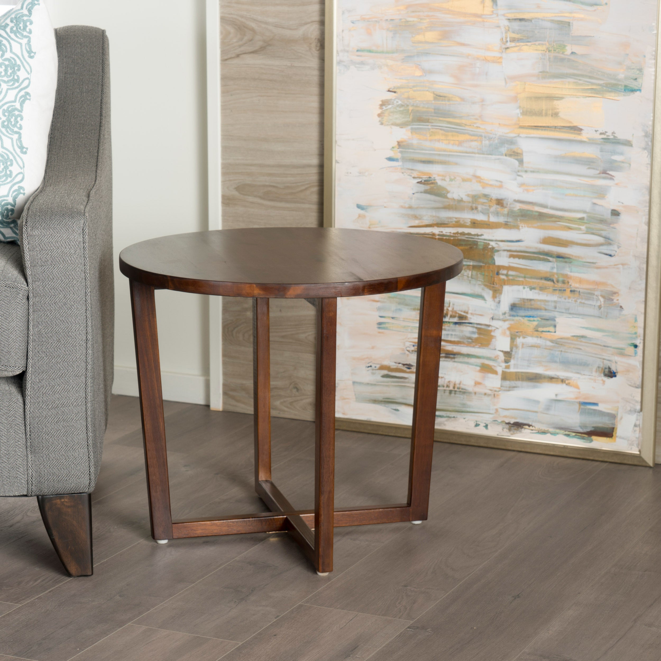 Tanzania Rustic Round Mahogany Acacia Wood End Table with Criss Cross Legs