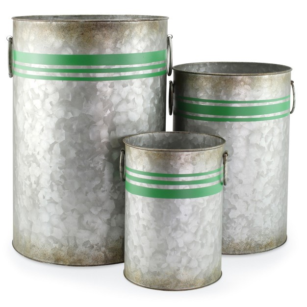 Auldhome Design Greenery Buckets Galvanized Cans With Green Ribbon Motif Set Of 3