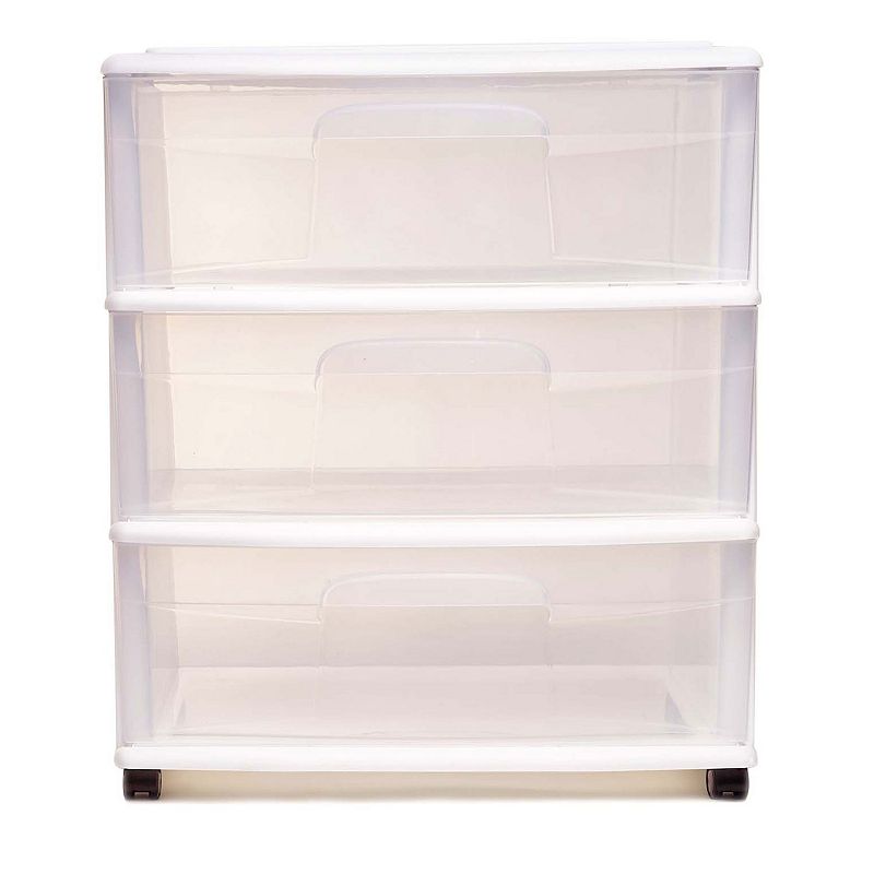 Homz Plastic 3 Clear Drawer Small Rolling Storage Container Tower， White， 2 Pack