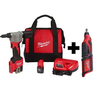 MW M12 12-Volt Lithium-Ion Cordless Rivet Tool Kit with (2) 1.5Ah Batteries and Charger and M12 Rotary Tool 2550-22-2460-20