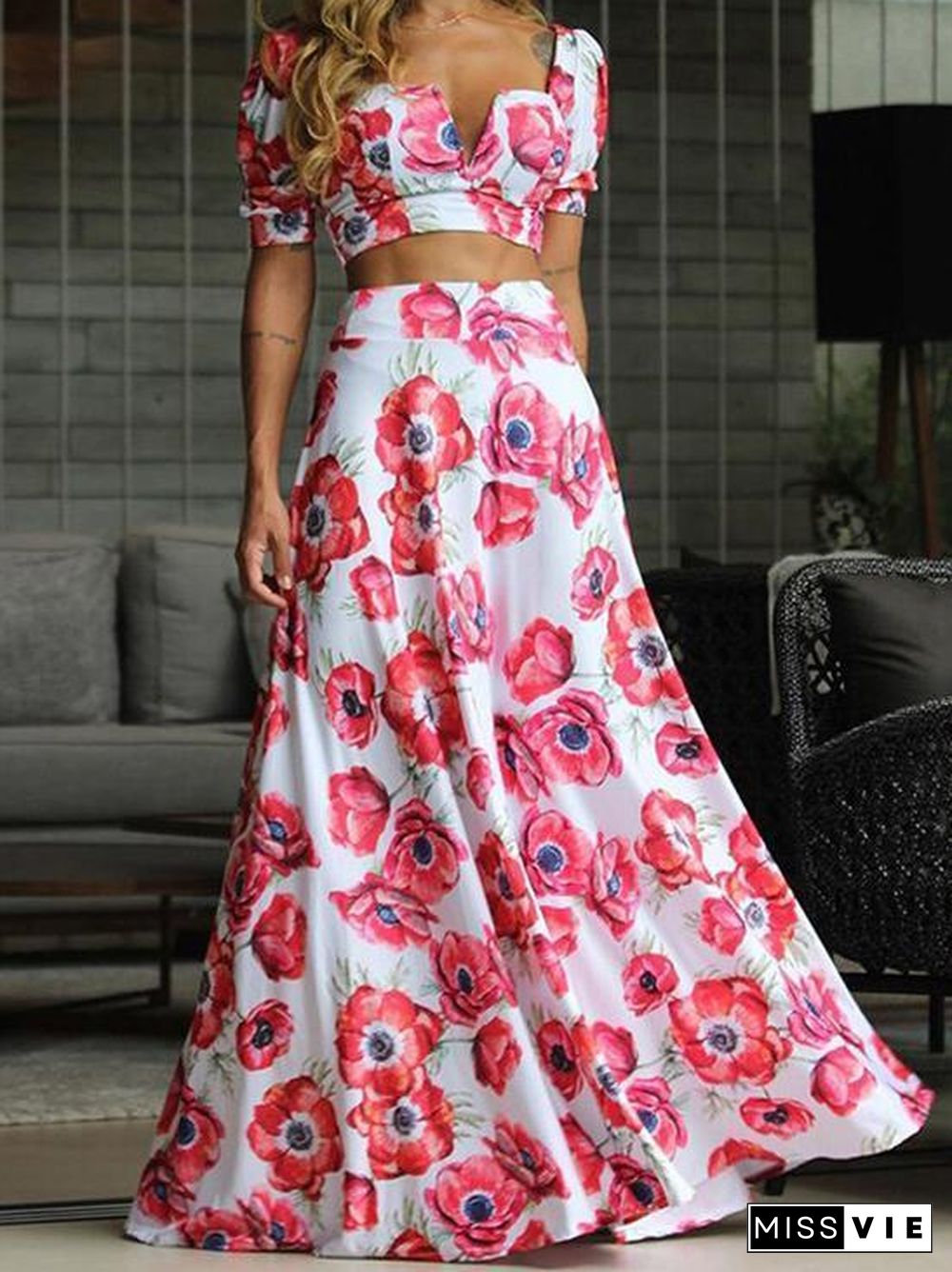 Two-Piece Flower Printed Dress Set