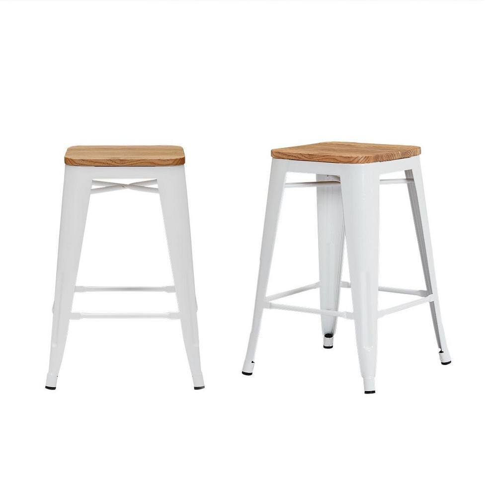 StyleWell Finwick White Metal Backless Counter Stool with Natural Wood Seat (Set of 2) SW801-24-WHT