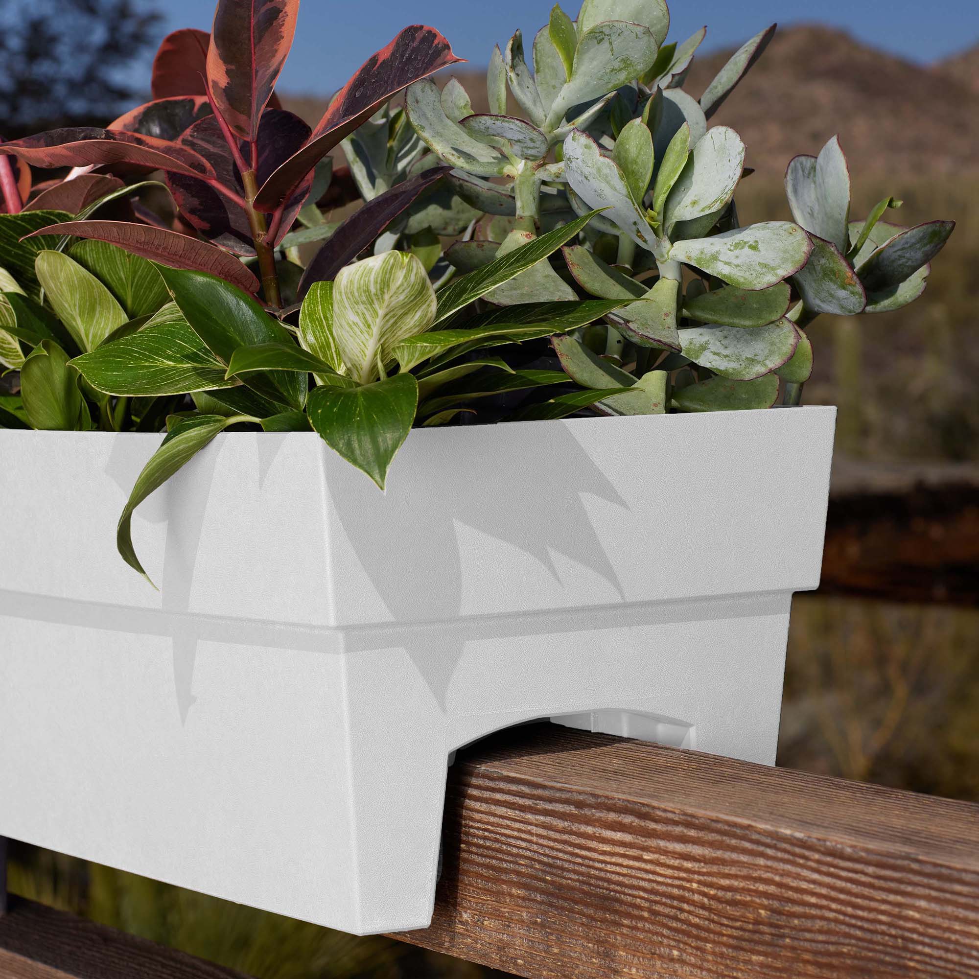 Bloem Finley Deck Rail Rectangle Planter: 24" - Casper White - Matte Finish, Fits Rail Sizes 3"-6", 100% Recycled Plastic Box, For Indoor and Outdoor Use, Gardening, 7.5 Gallon Capacity