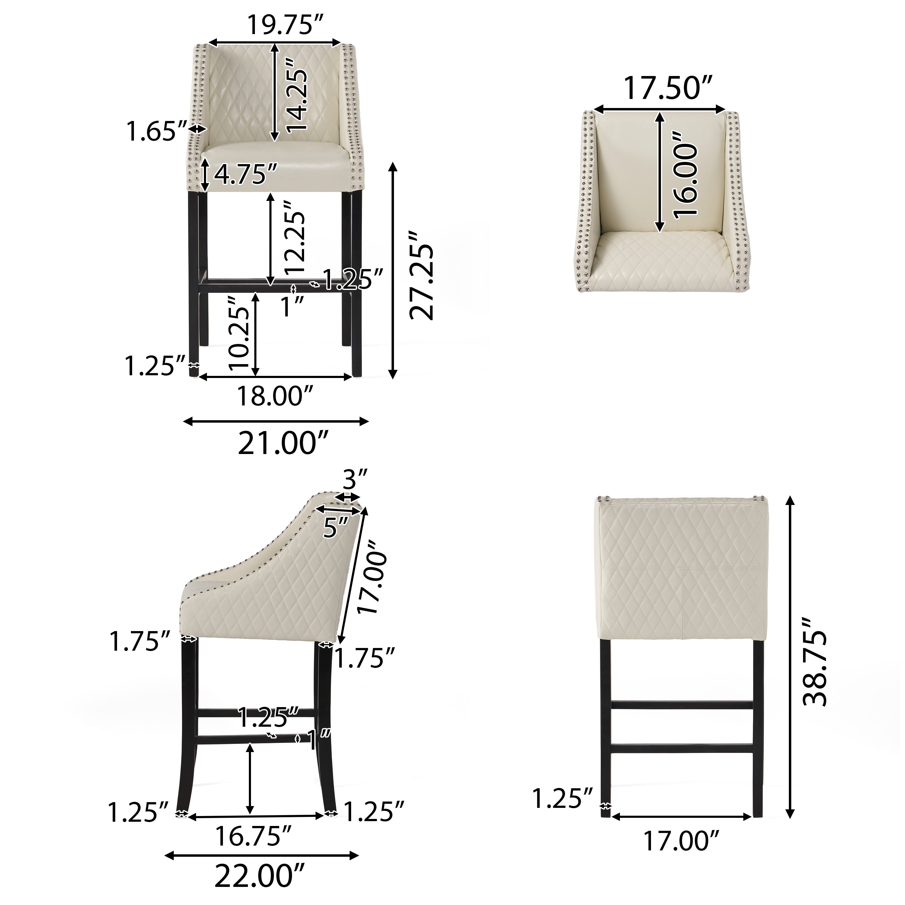 Filton Contemporary Quilted Ivory Leather Counterstool with Nailhead Accents