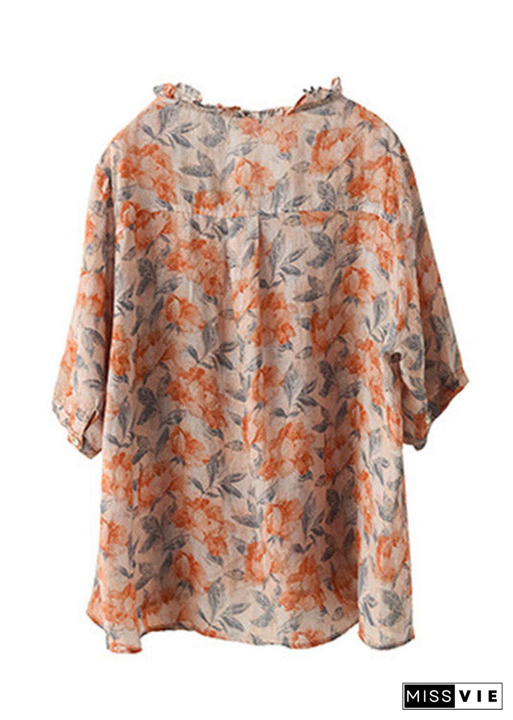 Plus Size V Neck Print Ruffled Linen Tops Half Sleeve