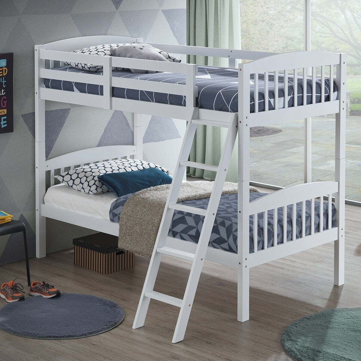 Costzon Twin Over Twin Bunk Beds, Convertible Into Two Individual Solid Rubberwood Beds (White)