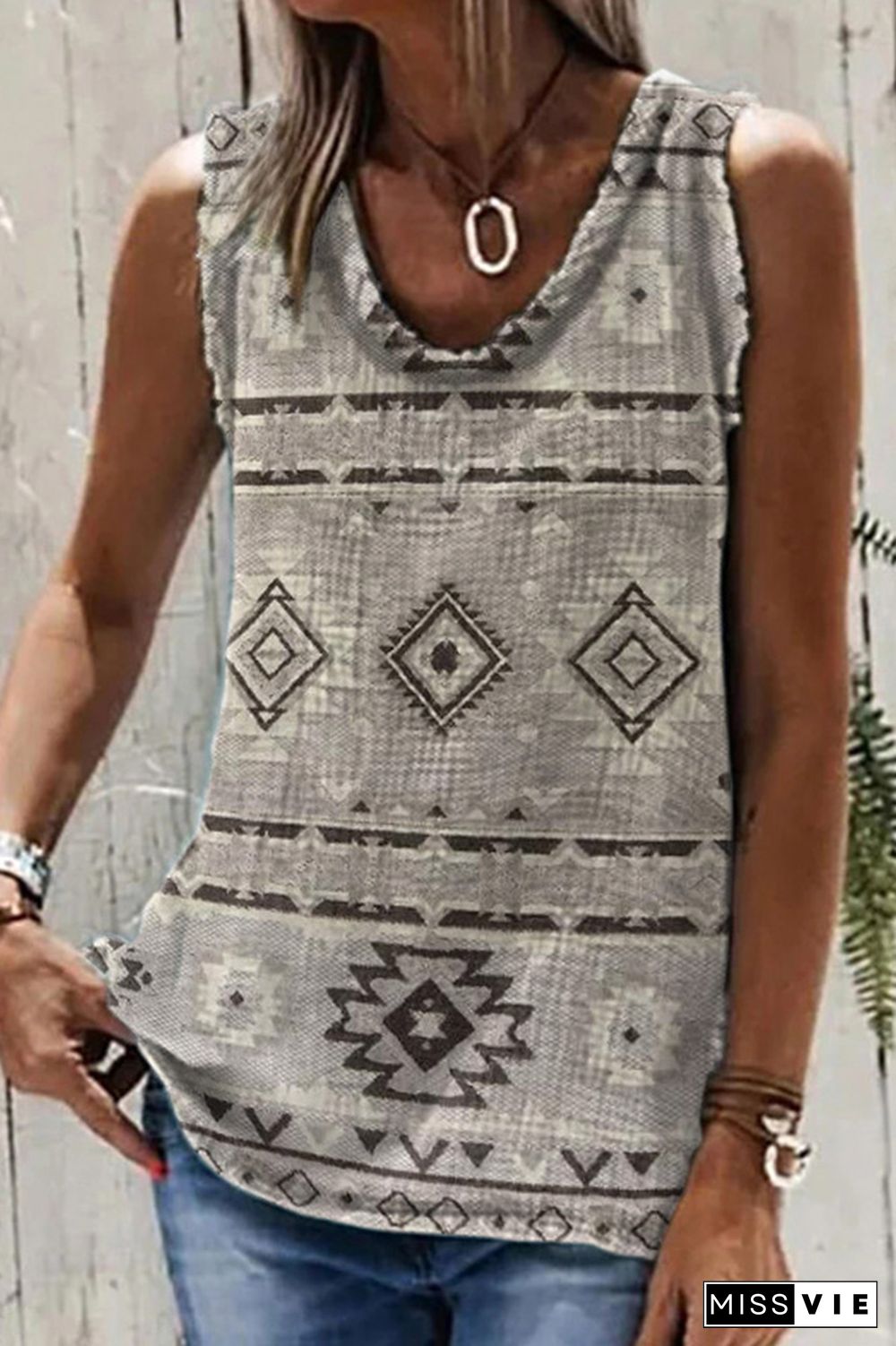 Grey Aztec Print Sleeveless Tank Top