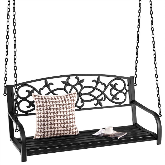 Costway 2 person Metal Outdoor Porch Swing Hanging Patio Bench 485 Lbs Capacity Black brown