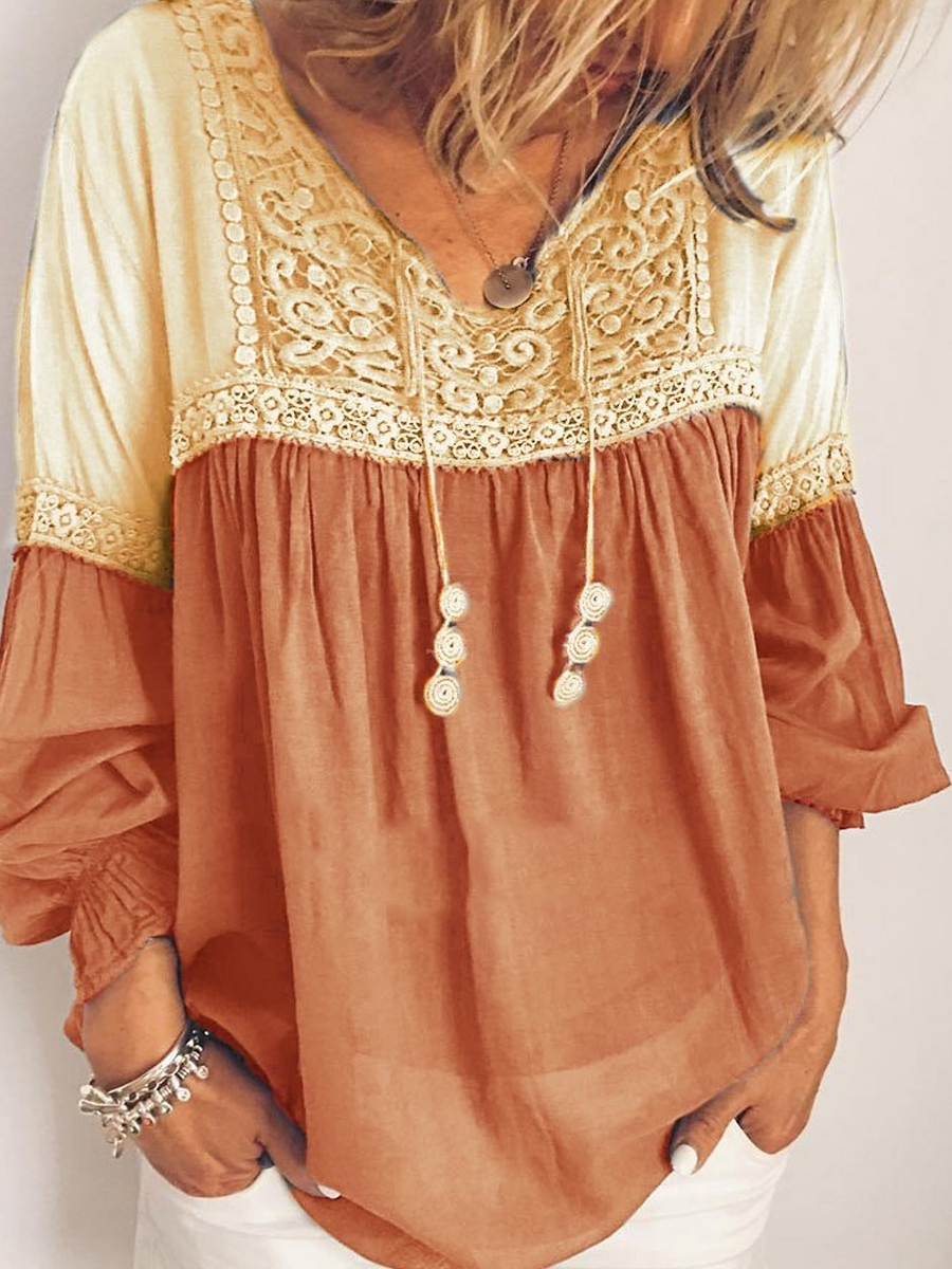 Casual Lace Panel Loose Long Sleeve Shirt