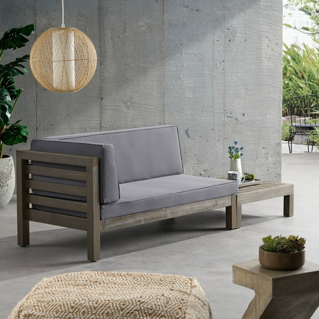 2pk Oana Outdoor Acacia Wood Left Arm Loveseat amp Coffee Table With Cushion Gray dark Gray Christopher Knight Home