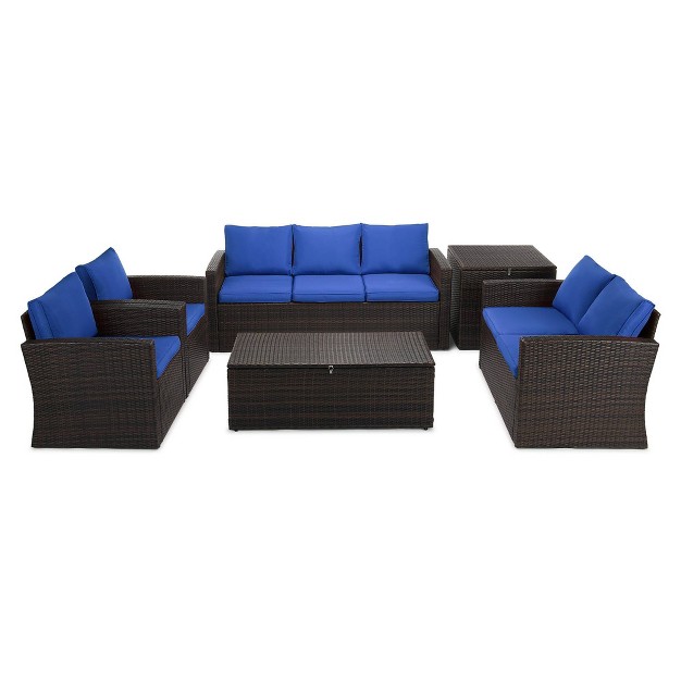 6pc Wicker Outdoor Conversation Set Weather resistant Royal Blue dark Brown Edyo Living Includes Sofa Loveseat Armchairs amp Tables